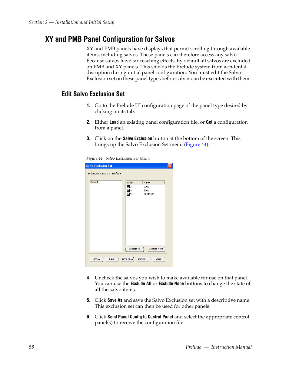 Xy and pmb panel configuration for salvos, Edit salvo exclusion set | Grass Valley Prelude v.3.0 User Manual | Page 58 / 102
