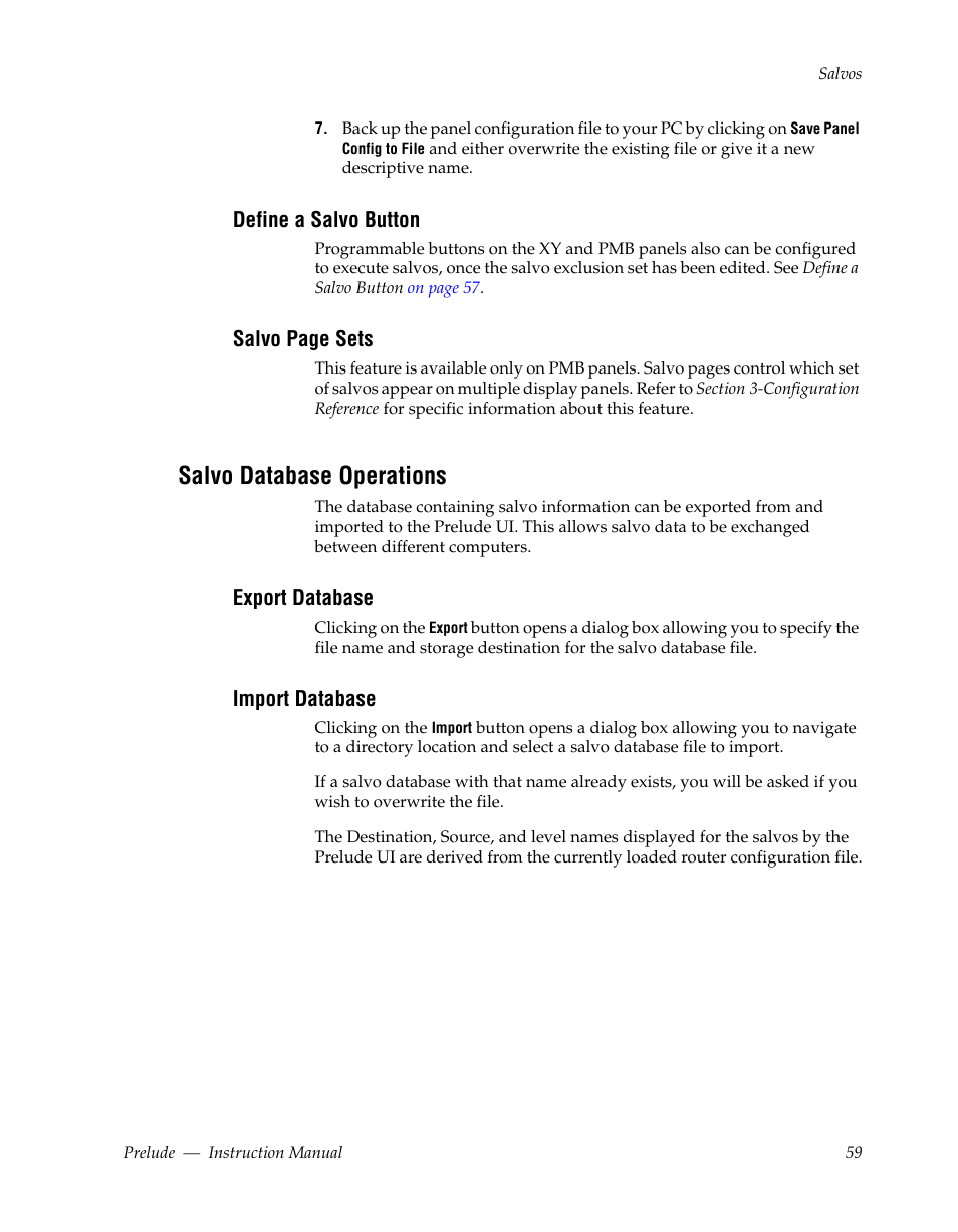 Define a salvo button, Salvo database operations, Export database | Import database, Salvo page sets | Grass Valley Prelude v.3.0 User Manual | Page 59 / 102