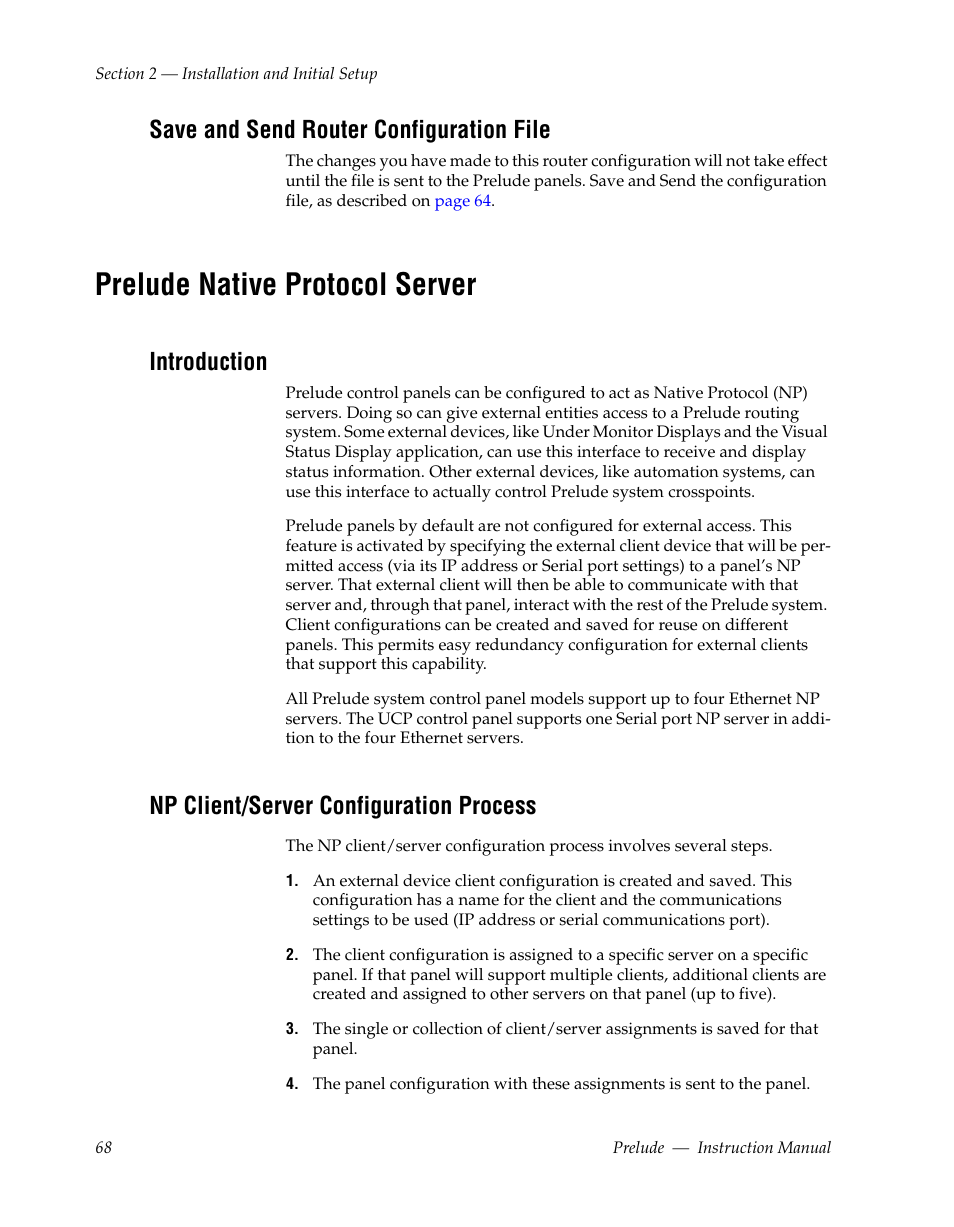 Save and send router configuration file, Prelude native protocol server, Introduction | Np client/server configuration process | Grass Valley Prelude v.3.0 User Manual | Page 68 / 102