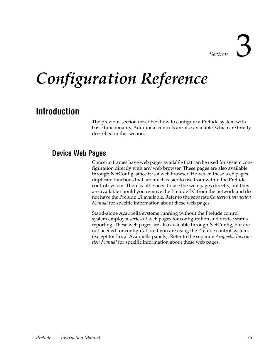 Configuration reference, Introduction, Section 3 — configuration reference | Section 3-configuration reference | Grass Valley Prelude v.3.0 User Manual | Page 75 / 102
