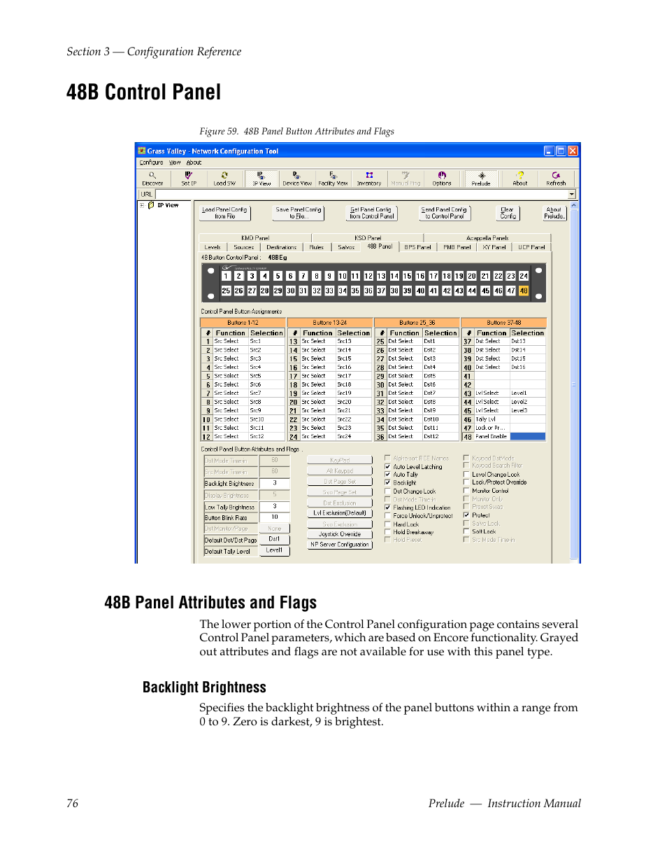 48b control panel, 48b panel attributes and flags, Backlight brightness | Grass Valley Prelude v.3.0 User Manual | Page 76 / 102