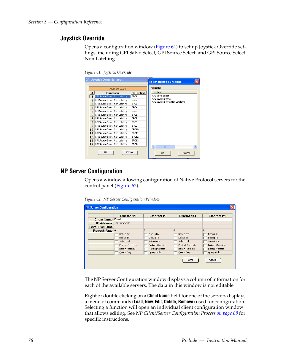 Joystick override, Np server configuration | Grass Valley Prelude v.3.0 User Manual | Page 78 / 102