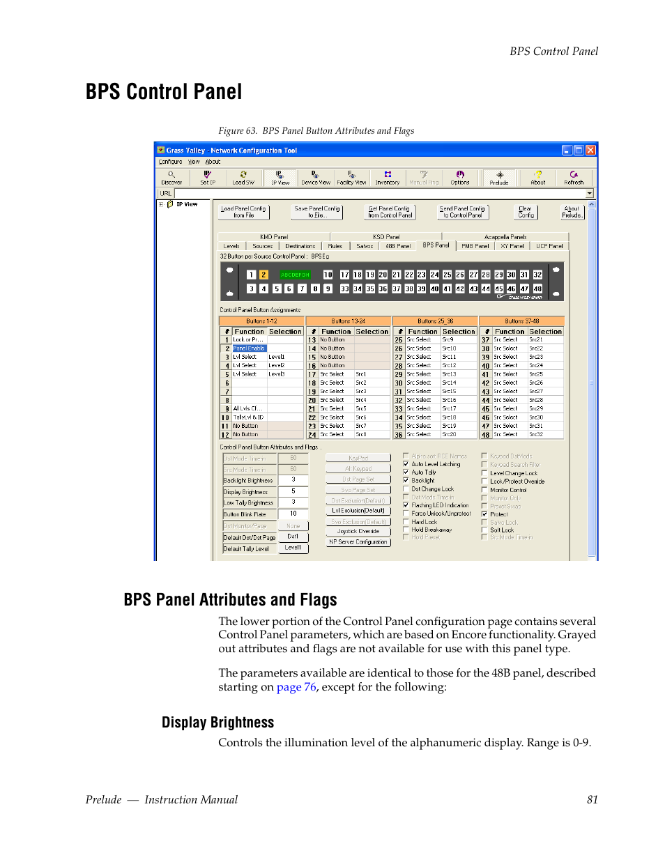 Bps control panel, Bps panel attributes and flags, Display brightness | Grass Valley Prelude v.3.0 User Manual | Page 81 / 102