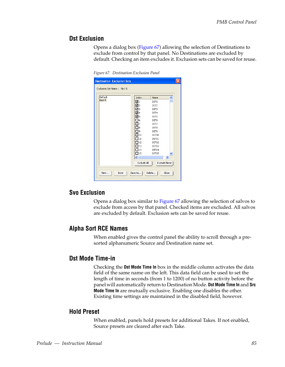 Dst exclusion, Svo exclusion, Alpha sort rce names | Dst mode time-in, Hold preset | Grass Valley Prelude v.3.0 User Manual | Page 85 / 102