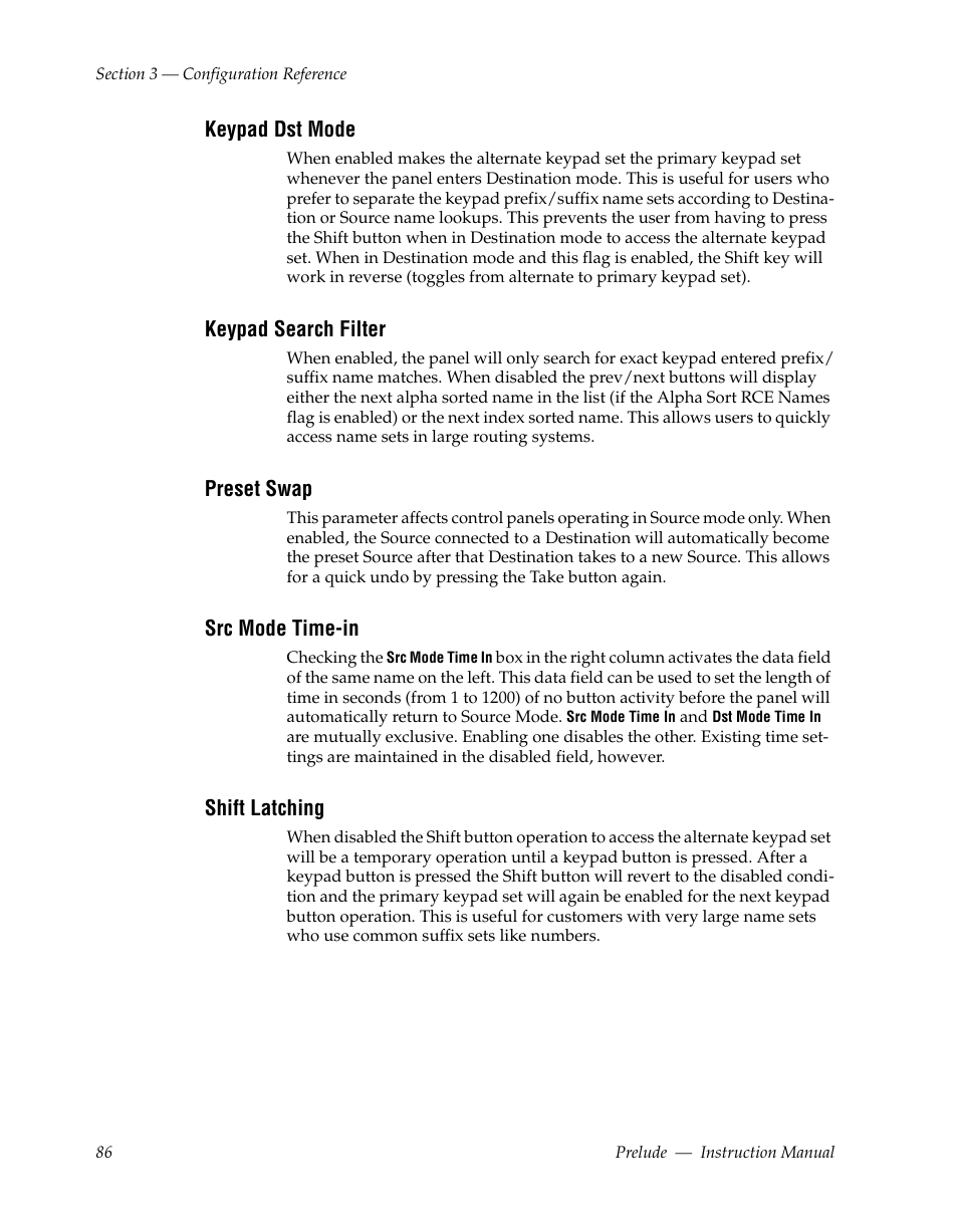 Keypad dst mode, Keypad search filter, Preset swap | Src mode time-in, Shift latching | Grass Valley Prelude v.3.0 User Manual | Page 86 / 102