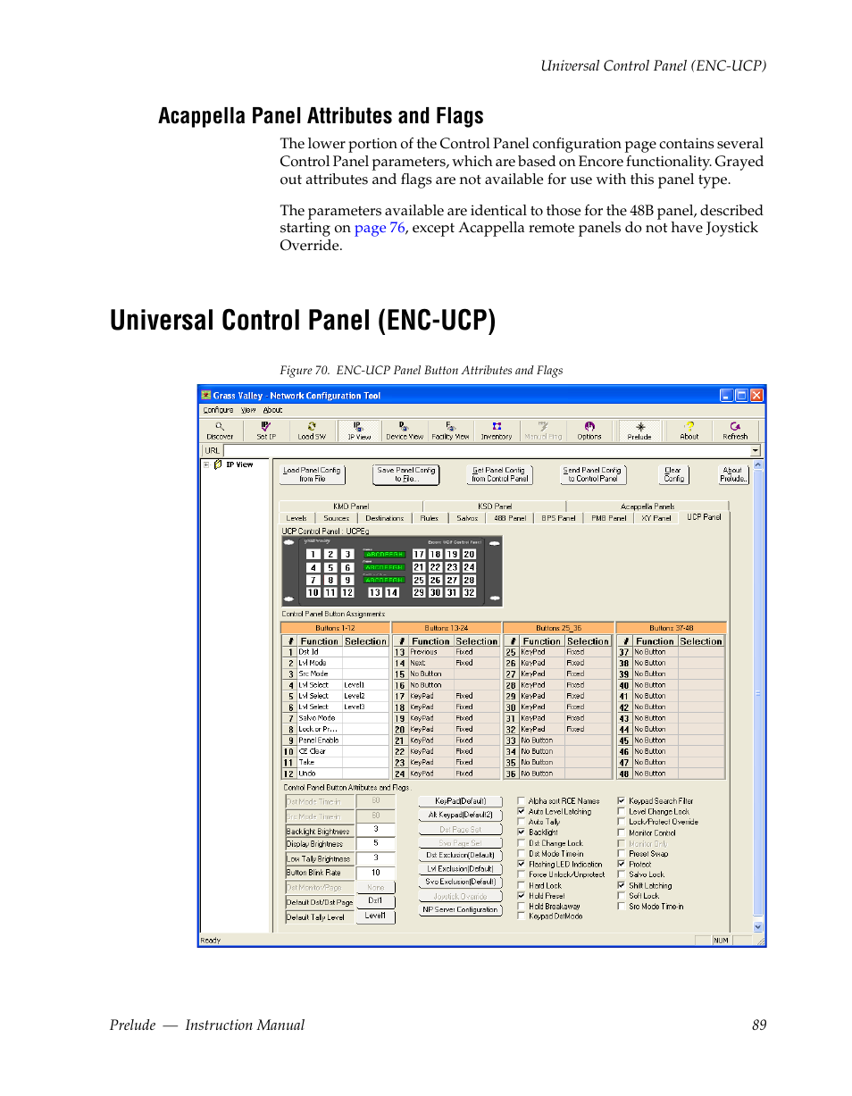 Acappella panel attributes and flags, Universal control panel (enc-ucp) | Grass Valley Prelude v.3.0 User Manual | Page 89 / 102