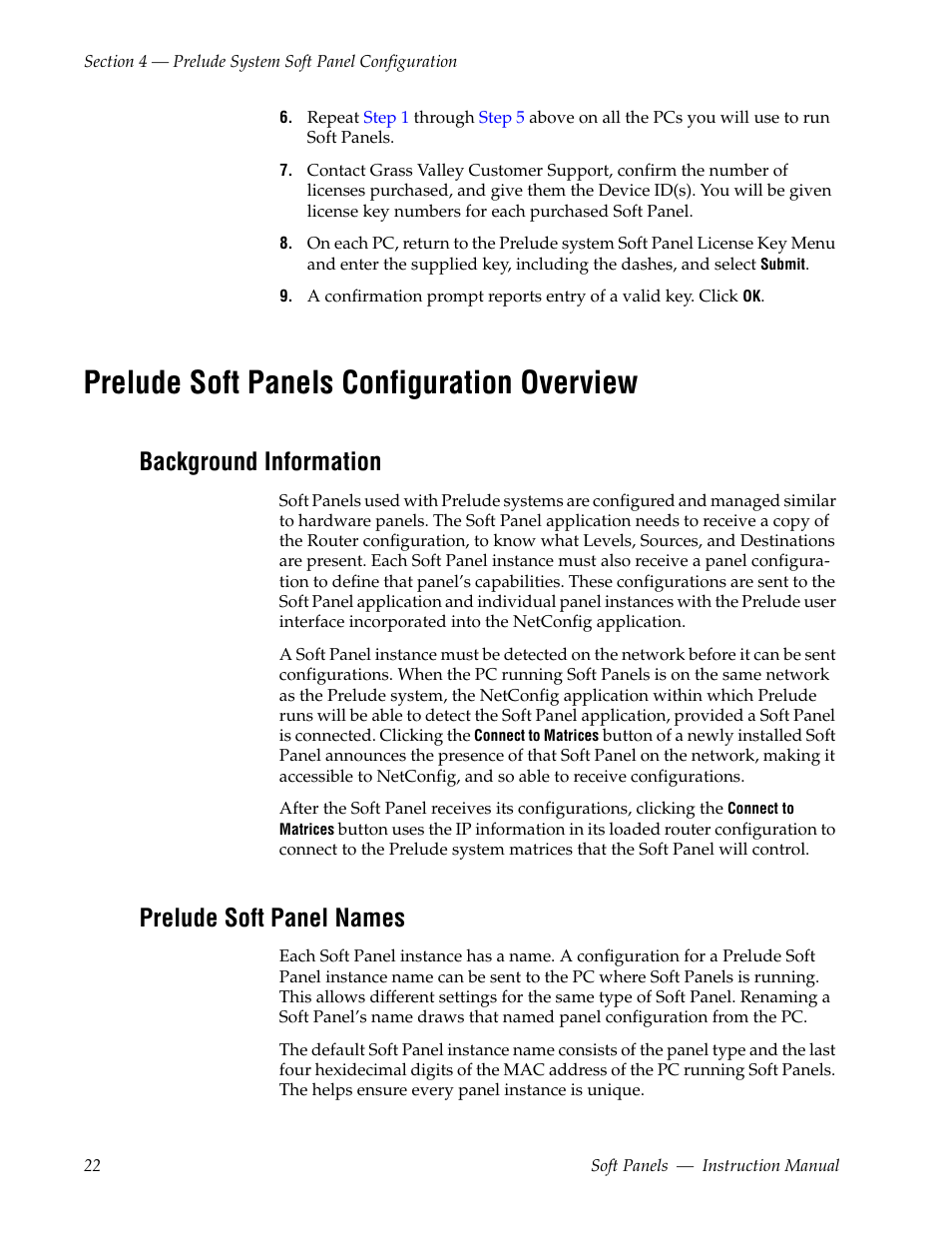 Prelude soft panels configuration overview, Background information, Prelude soft panel names | Grass Valley Soft Panels v.3.1 User Manual | Page 22 / 52