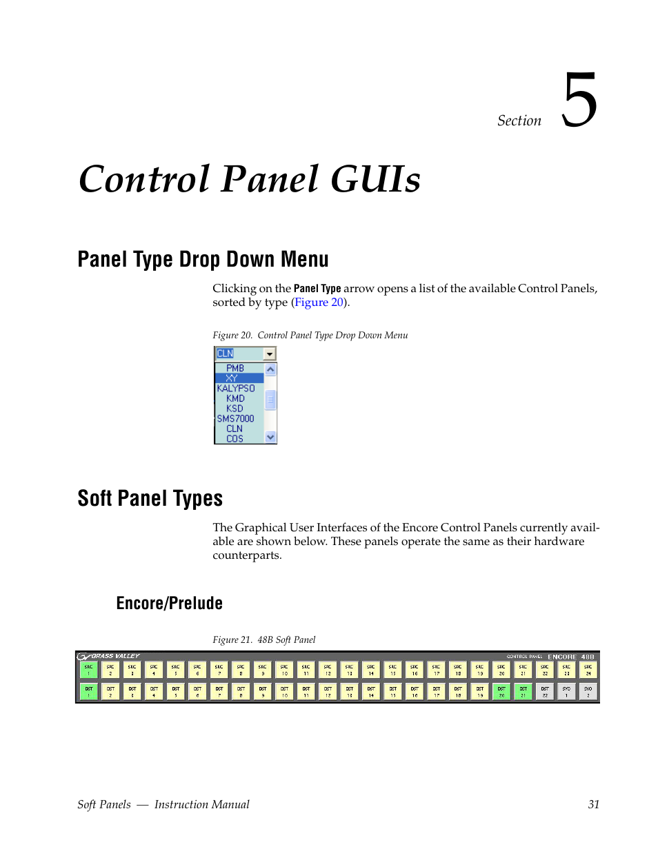Control panel guis, Panel type drop down menu, Soft panel types | Encore/prelude, Section 5 — control panel guis | Grass Valley Soft Panels v.3.1 User Manual | Page 31 / 52