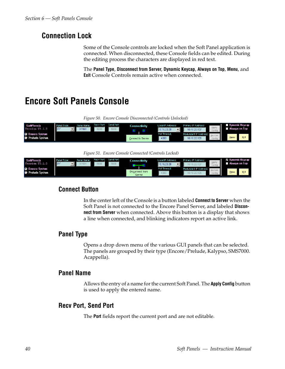 Connection lock, Encore soft panels console, Connect button | Panel type, Panel name, Recv port, send port | Grass Valley Soft Panels v.3.1 User Manual | Page 40 / 52
