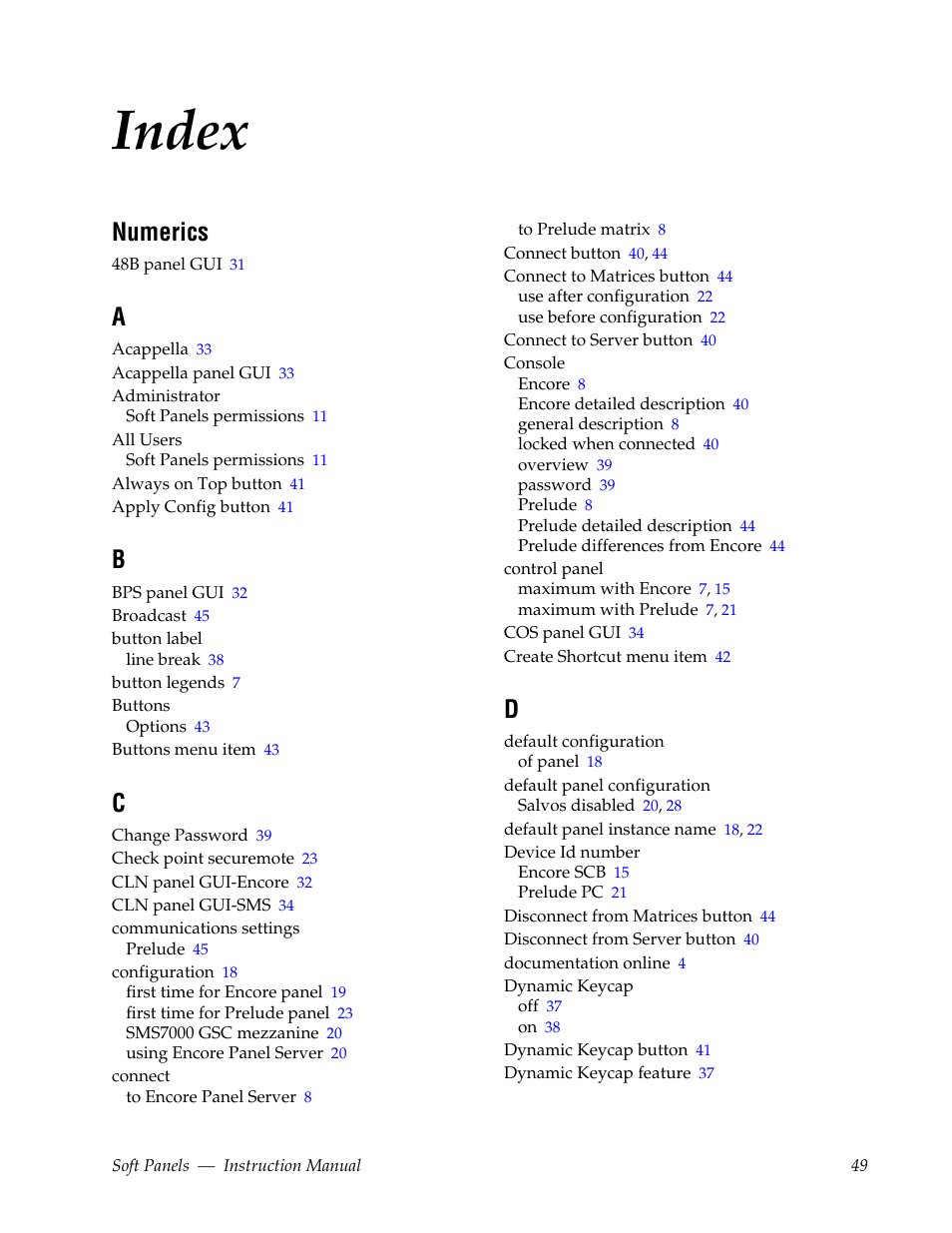 Index, Numerics | Grass Valley Soft Panels v.3.1 User Manual | Page 49 / 52