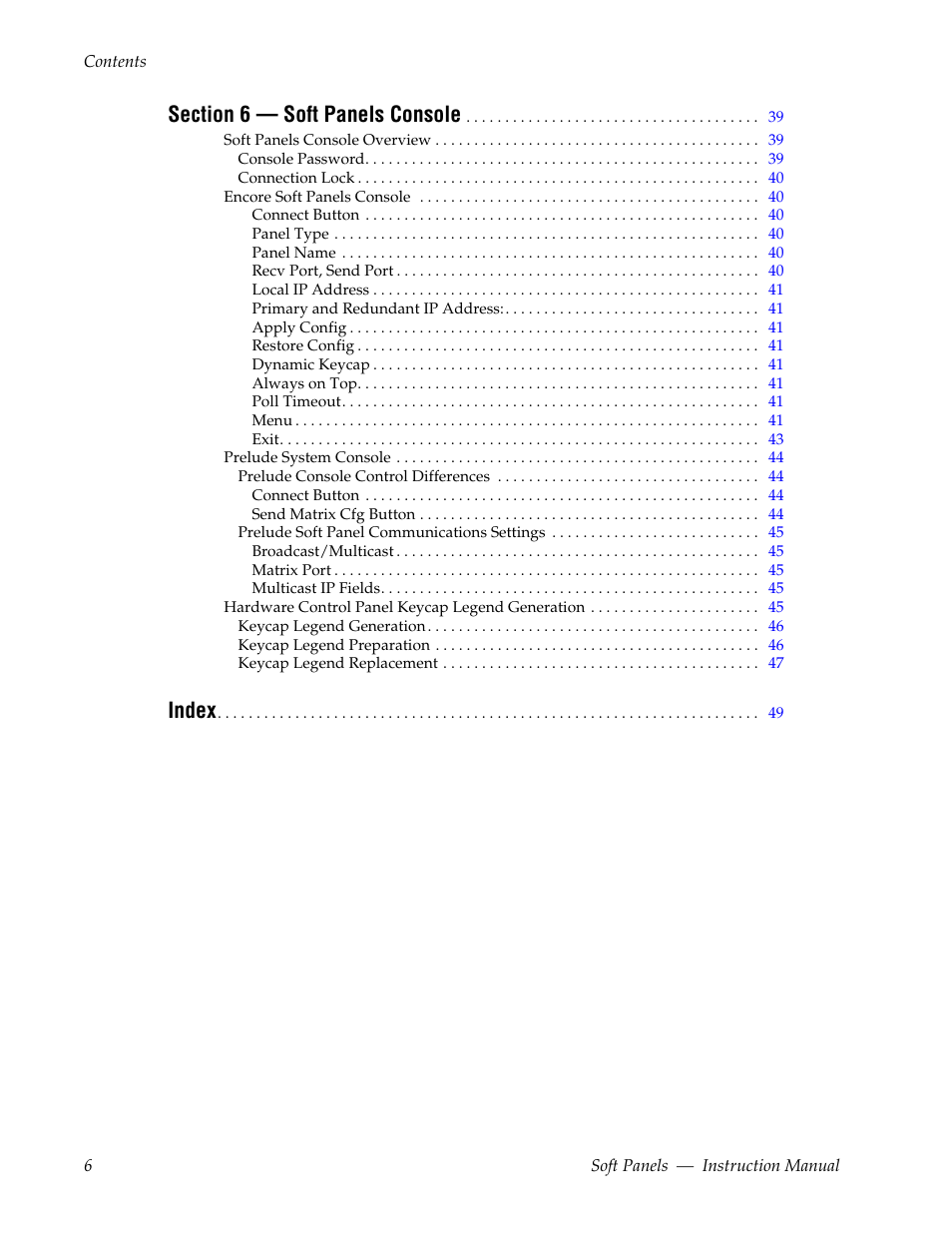 Index | Grass Valley Soft Panels v.3.1 User Manual | Page 6 / 52
