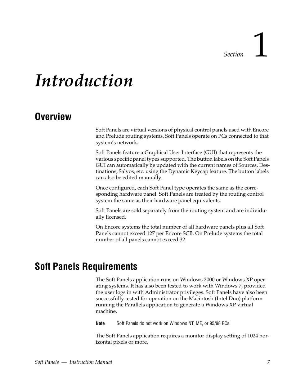 Introduction, Overview, Soft panels requirements | Section 1 — introduction | Grass Valley Soft Panels v.3.1 User Manual | Page 7 / 52