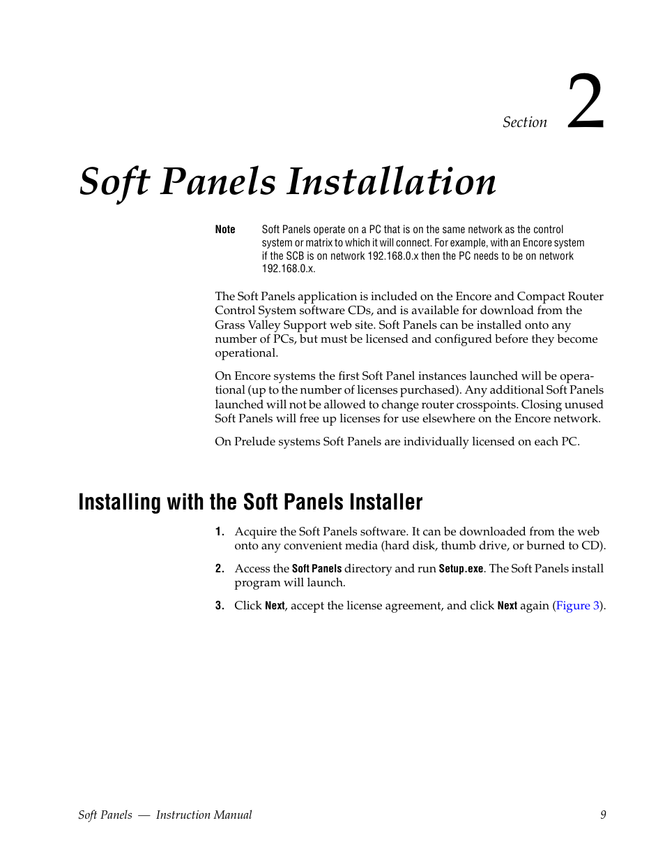 Soft panels installation, Installing with the soft panels installer, Section 2 — soft panels installation | Grass Valley Soft Panels v.3.1 User Manual | Page 9 / 52
