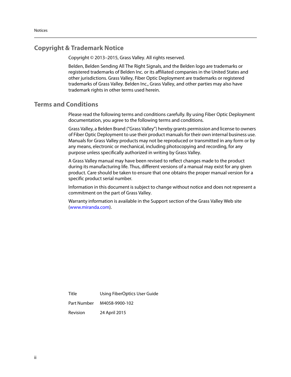 Copyright & trademark notice, Terms and conditions | Grass Valley Telecast Fiber Solutions User Manual | Page 2 / 11
