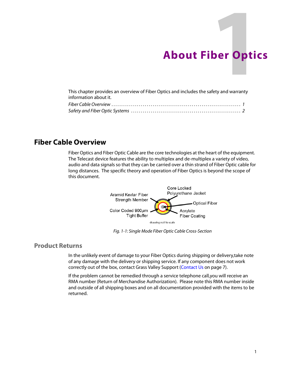 About fiber optics, Product returns, 1 about fiber optics | Fiber cable overview | Grass Valley Telecast Fiber Solutions User Manual | Page 5 / 11