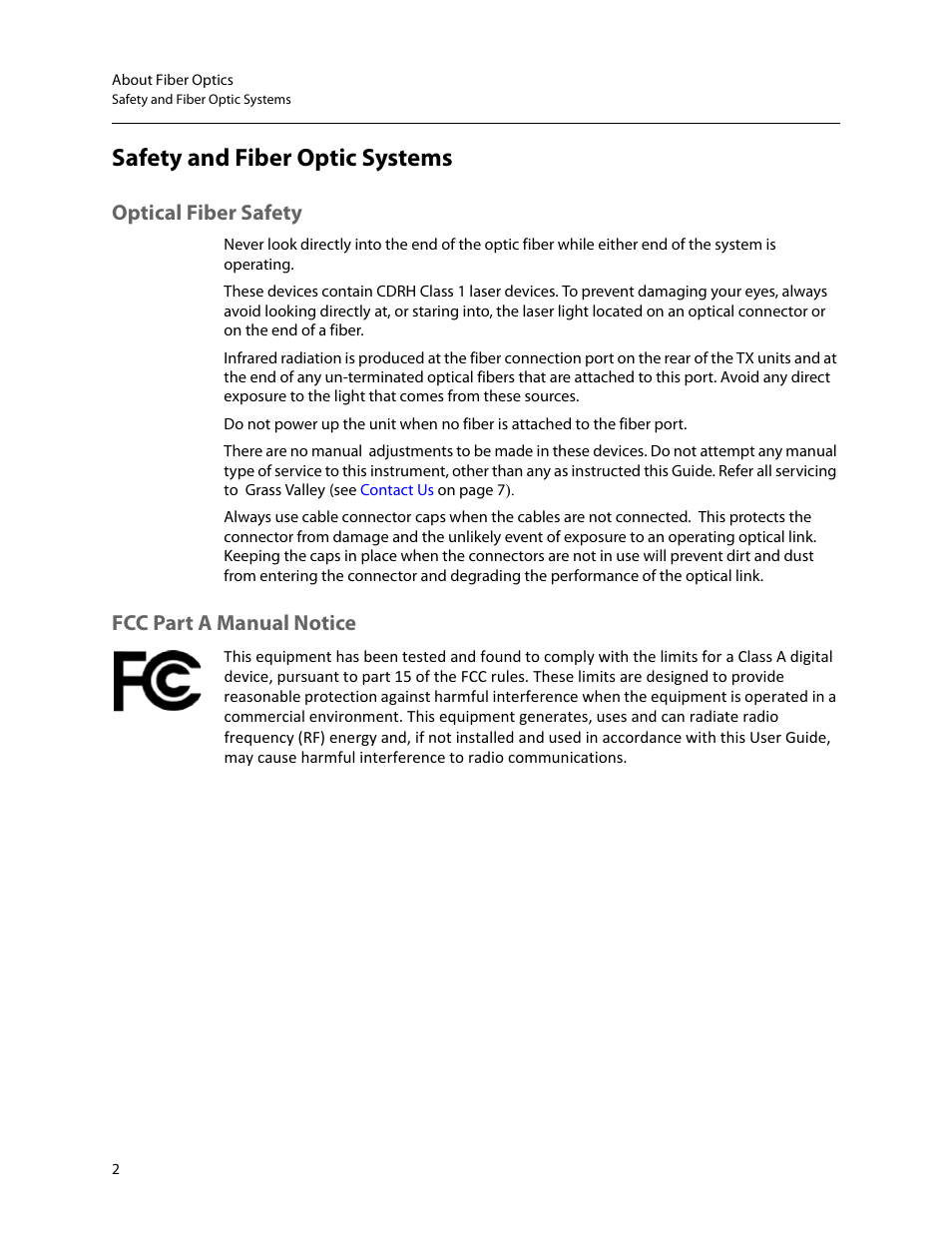 Safety and fiber optic systems, Optical fiber safety, Fcc part a manual notice | Optical fiber safety fcc part a manual notice | Grass Valley Telecast Fiber Solutions User Manual | Page 6 / 11