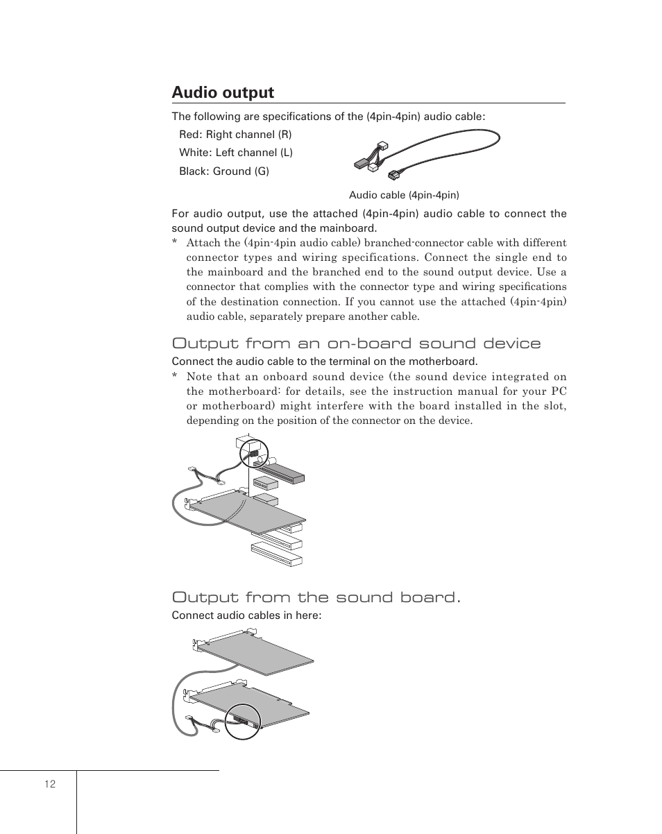 Audio output, Output from an on-board sound device, Output from the sound board | Grass Valley Pegasus User Manual | Page 16 / 54