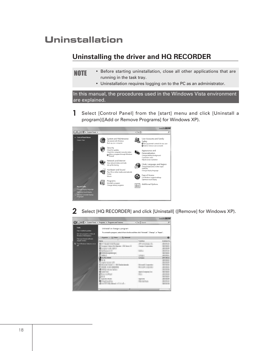 Uninstallation, Uninstalling the driver and hq recorder | Grass Valley Pegasus User Manual | Page 22 / 54