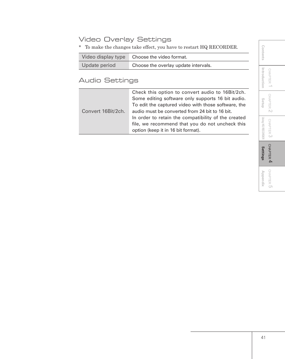 Video overlay settings, Audio settings | Grass Valley Pegasus User Manual | Page 45 / 54
