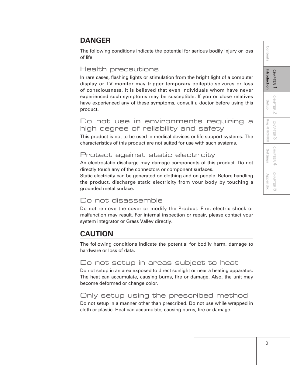 Danger, Caution, Health precautions | Protect against static electricity, Do not disassemble, Do not setup in areas subject to heat, Only setup using the prescribed method | Grass Valley Pegasus User Manual | Page 7 / 54