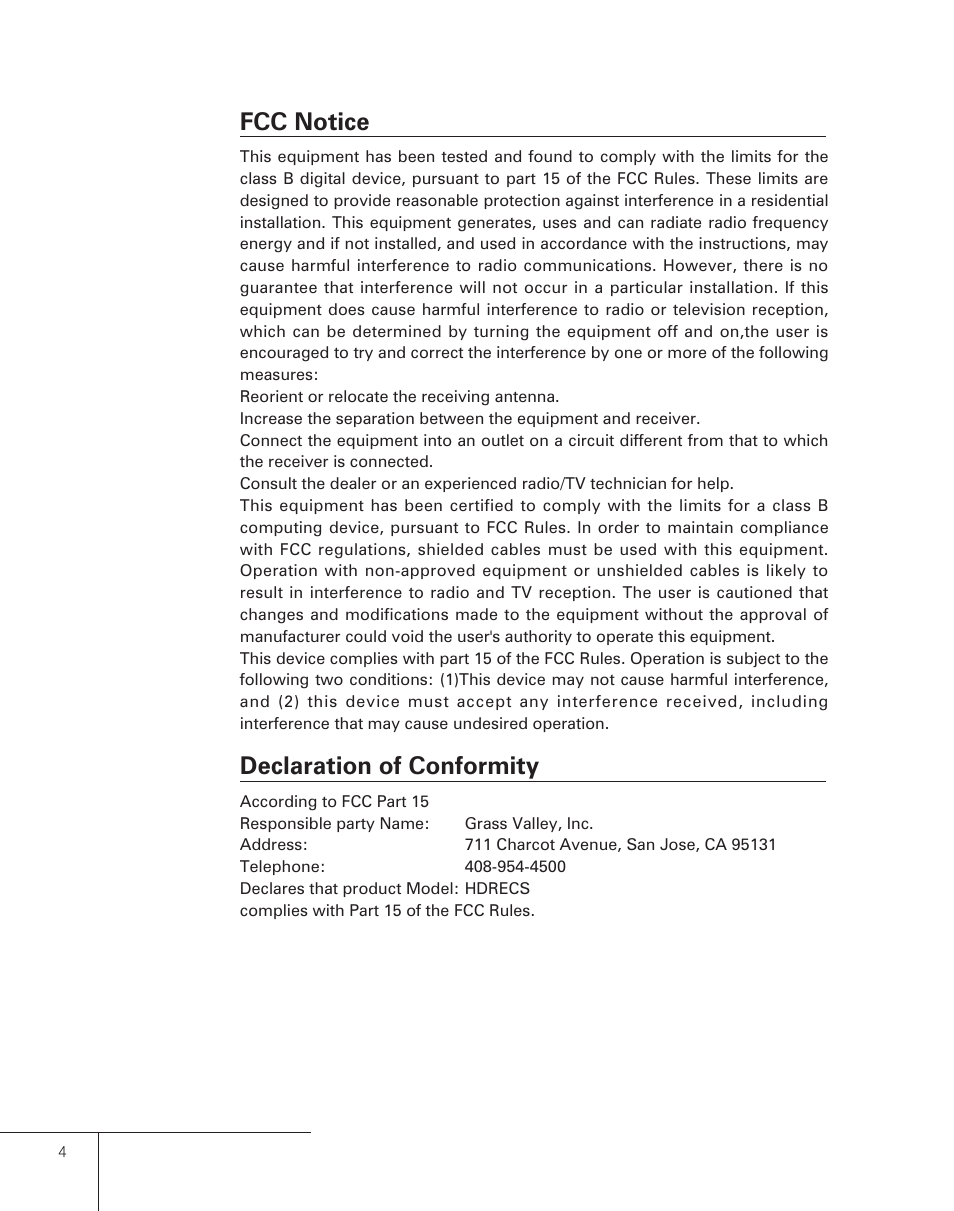 Fcc notice, Declaration of conformity | Grass Valley Pegasus User Manual | Page 8 / 54