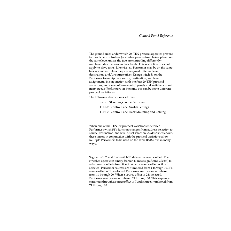 General rules for ten-20, 20-ten protocol, Performer s1 switch settings | Grass Valley Performer SD User Manual | Page 103 / 182