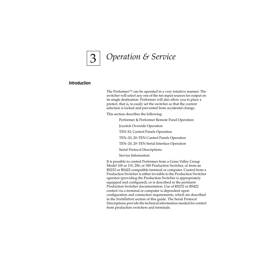 Operation & service, Introduction, Section 3 — operation & service | Introduction -1 | Grass Valley Performer SD User Manual | Page 119 / 182