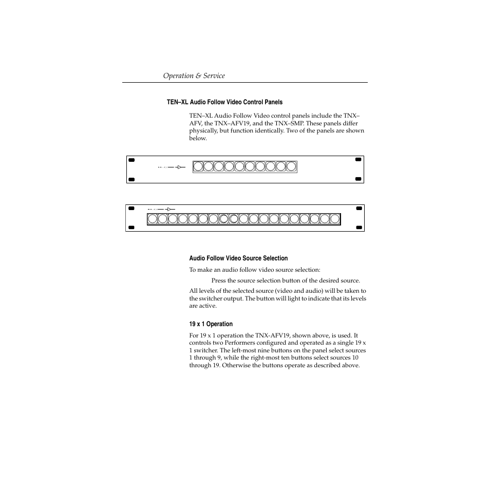 Ten–xl audio follow video control panels, Audio follow video source selection, 19 x 1 operation | Ten–xl audio follow video control panels -12, Operation & service | Grass Valley Performer SD User Manual | Page 130 / 182