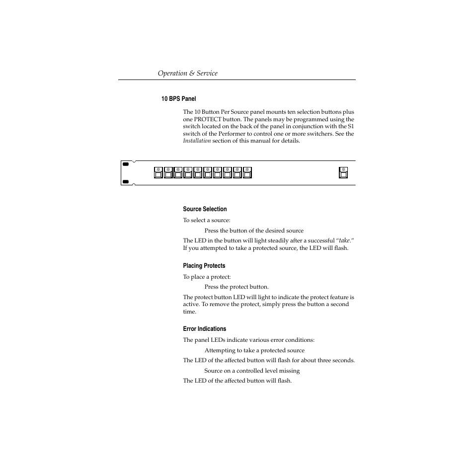 10 bps panel, Source selection, Placing protects | Error indications, 10 bps panel -20, Operation & service | Grass Valley Performer SD User Manual | Page 138 / 182