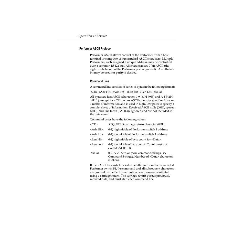 Performer ascii protocol, Command line, Performer ascii protocol -32 | Command line -32 | Grass Valley Performer SD User Manual | Page 150 / 182