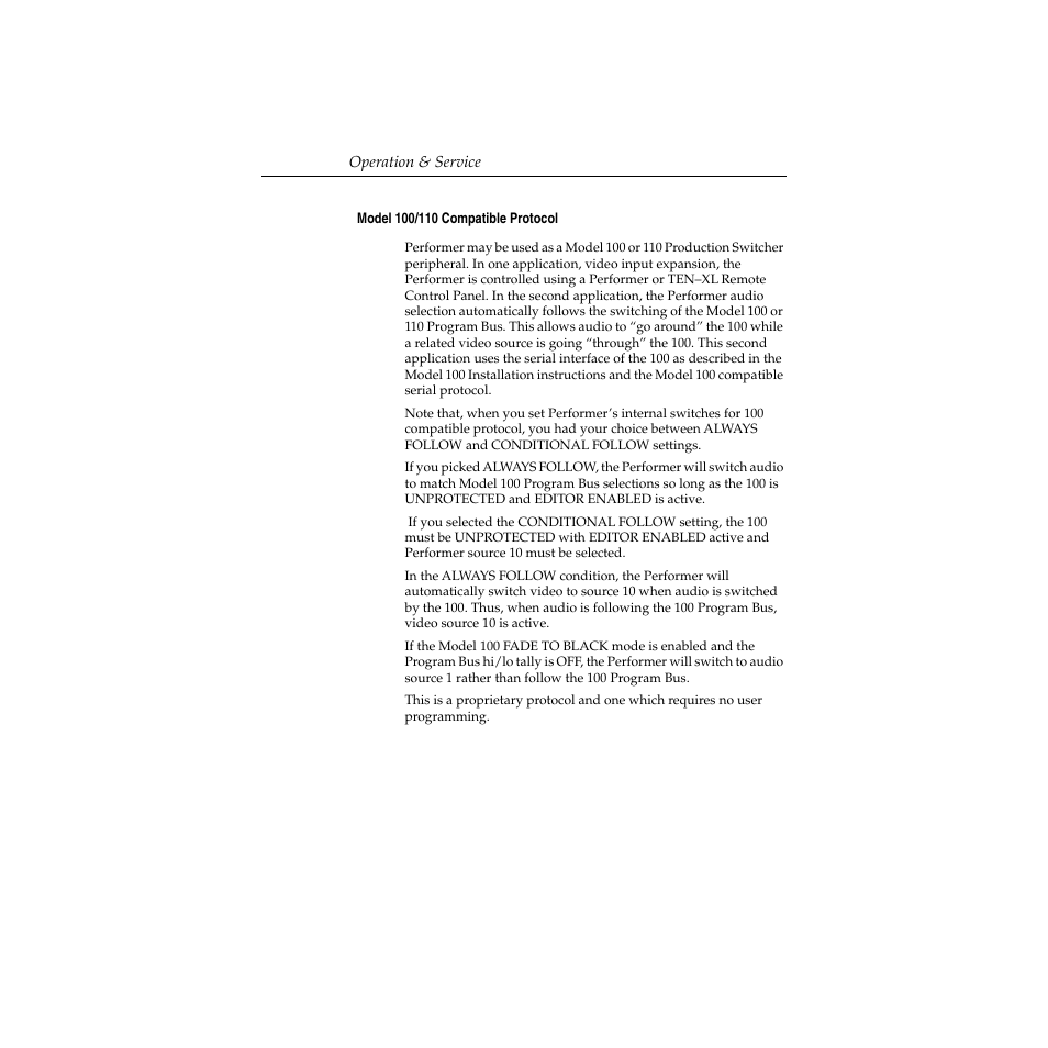 Model 100/110 compatible protocol, Model 100/110 compatible protocol -48 | Grass Valley Performer SD User Manual | Page 166 / 182