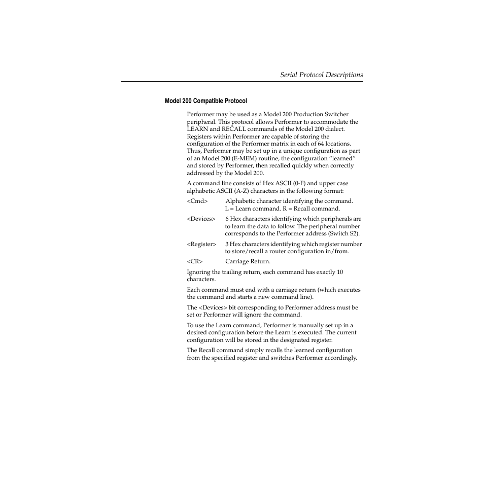 Model 200 compatible protocol, Model 200 compatible protocol -49 | Grass Valley Performer SD User Manual | Page 167 / 182