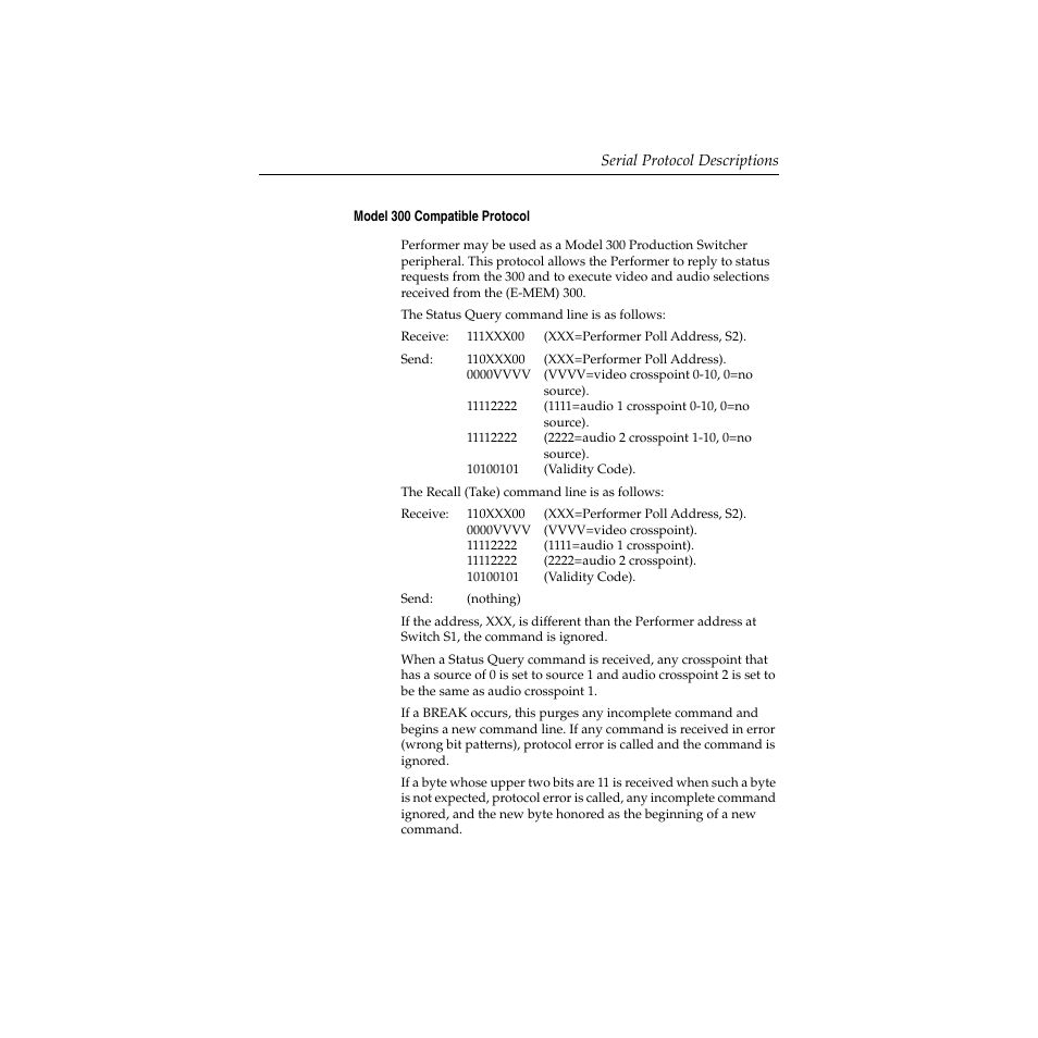 Model 300 compatible protocol, Model 300 compatible protocol -51 | Grass Valley Performer SD User Manual | Page 169 / 182