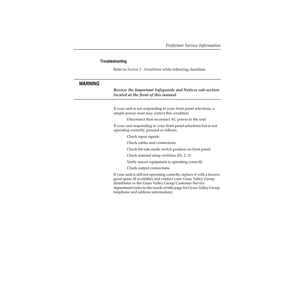 Troubleshooting, Troubleshooting -59, Warning | Grass Valley Performer SD User Manual | Page 177 / 182