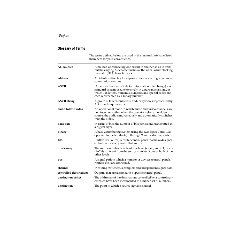 Glossary of terms | Grass Valley Performer SD User Manual | Page 18 / 182
