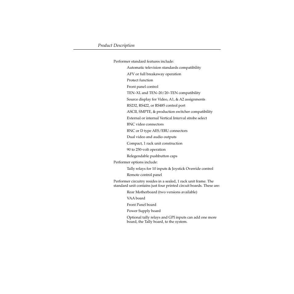 Product description | Grass Valley Performer SD User Manual | Page 22 / 182