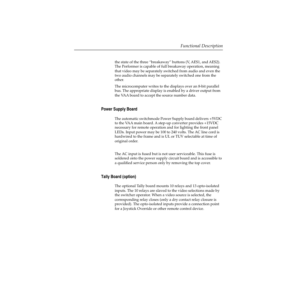 Power supply board -7 tally board (option) -7 | Grass Valley Performer SD User Manual | Page 27 / 182