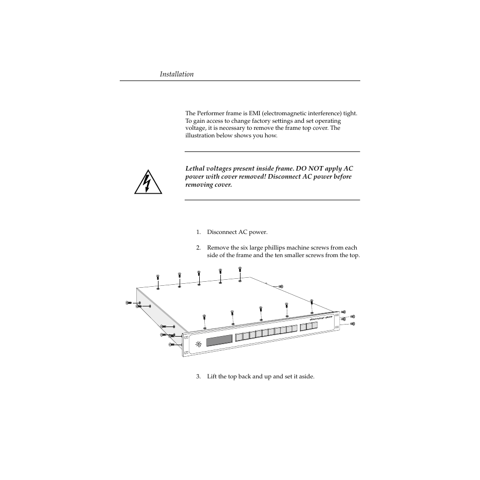 Frame top removal and replacement, Removal, Frame top removal and replacement -30 | Removal -30, Warning, Installation | Grass Valley Performer SD User Manual | Page 62 / 182