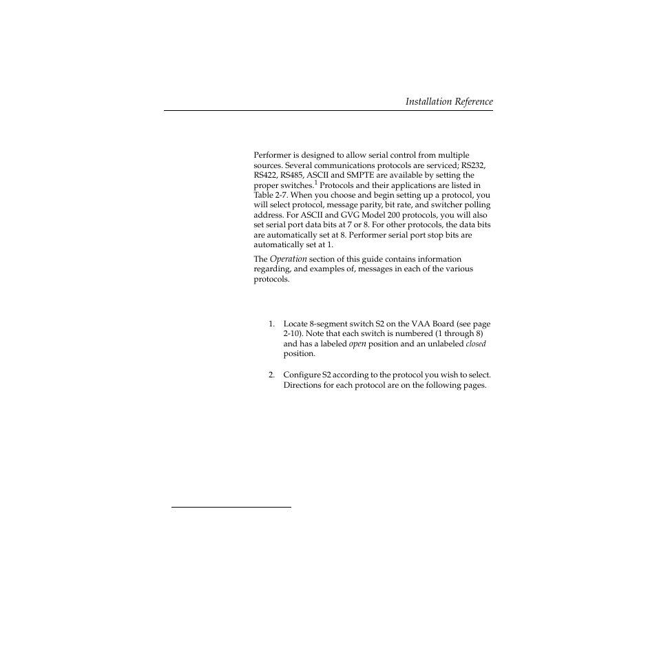Serial communications protocol selection, General selection instructions, Serial communications protocol selection -45 | General selection instructions -45 | Grass Valley Performer SD User Manual | Page 77 / 182