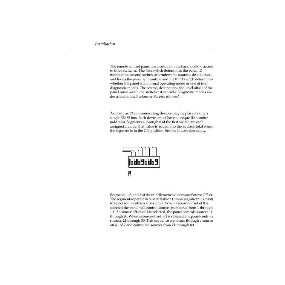 Remote panel switch settings, Remote panel switch settings -54, Installation | Service manual. panel id, Source offset | Grass Valley Performer SD User Manual | Page 86 / 182