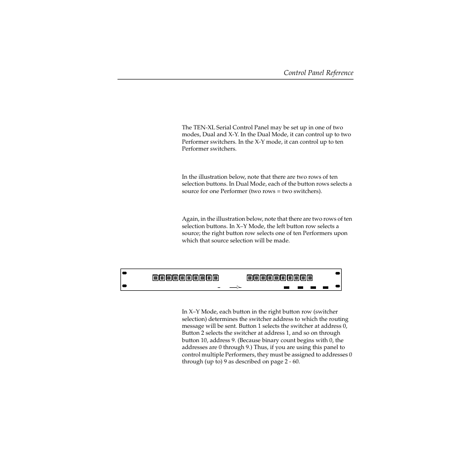 Ten–xl scp switch configuration, Controlling more than one performer, Ten–xl scp switch configuration -59 | Controlling more than one performer -59, Control panel reference, Dual mode: controlling up to two performers, X-y mode: controlling up to ten performers | Grass Valley Performer SD User Manual | Page 91 / 182
