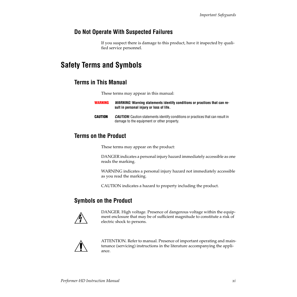 Do not operate with suspected failures, Safety terms and symbols, Terms in this manual | Terms on the product, Symbols on the product | Grass Valley Performer-HD User Manual | Page 11 / 60