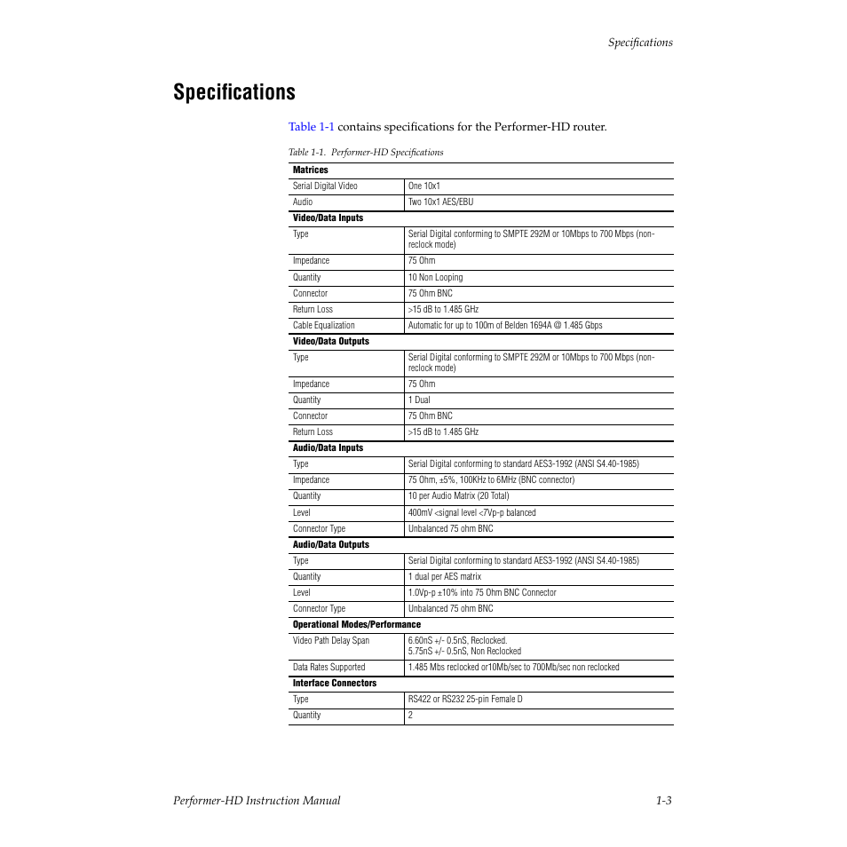 Specifications, Table 11. performer-hd specifications | Grass Valley Performer-HD User Manual | Page 17 / 60