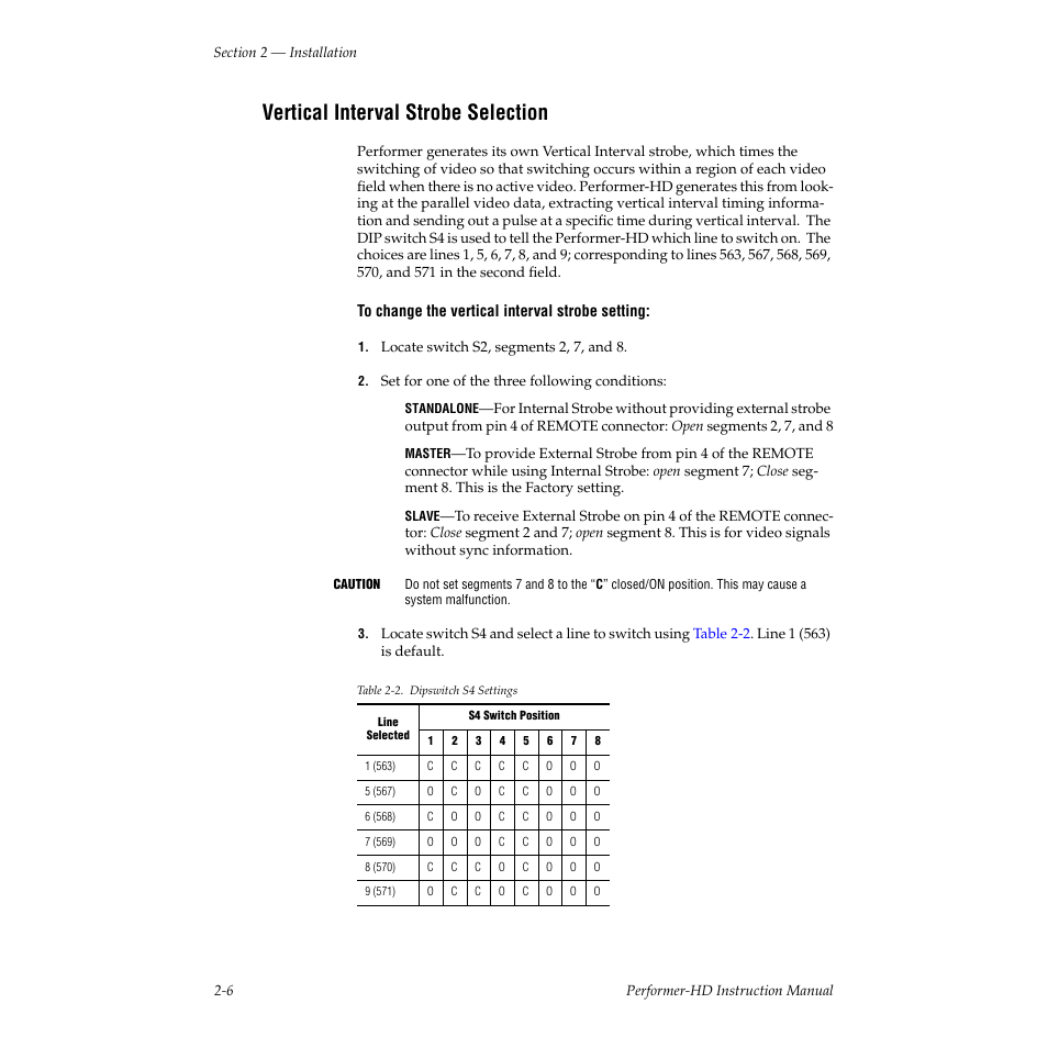 Vertical interval strobe selection, Table 22. dipswitch s4 settings | Grass Valley Performer-HD User Manual | Page 24 / 60