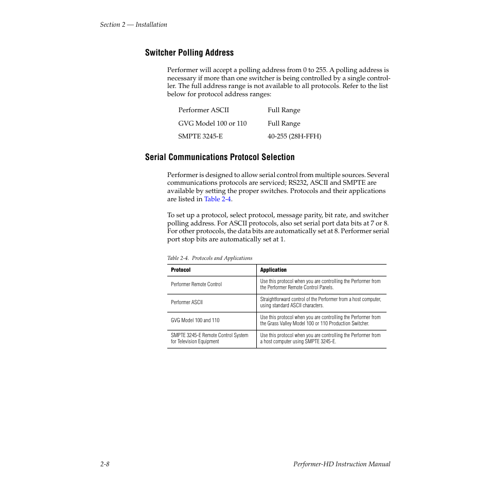 Switcher polling address, Serial communications protocol selection, Table 24. protocols and applications | Grass Valley Performer-HD User Manual | Page 26 / 60