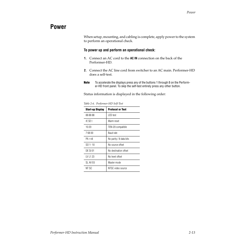 Power, Table 26. performer-hd self-test | Grass Valley Performer-HD User Manual | Page 31 / 60