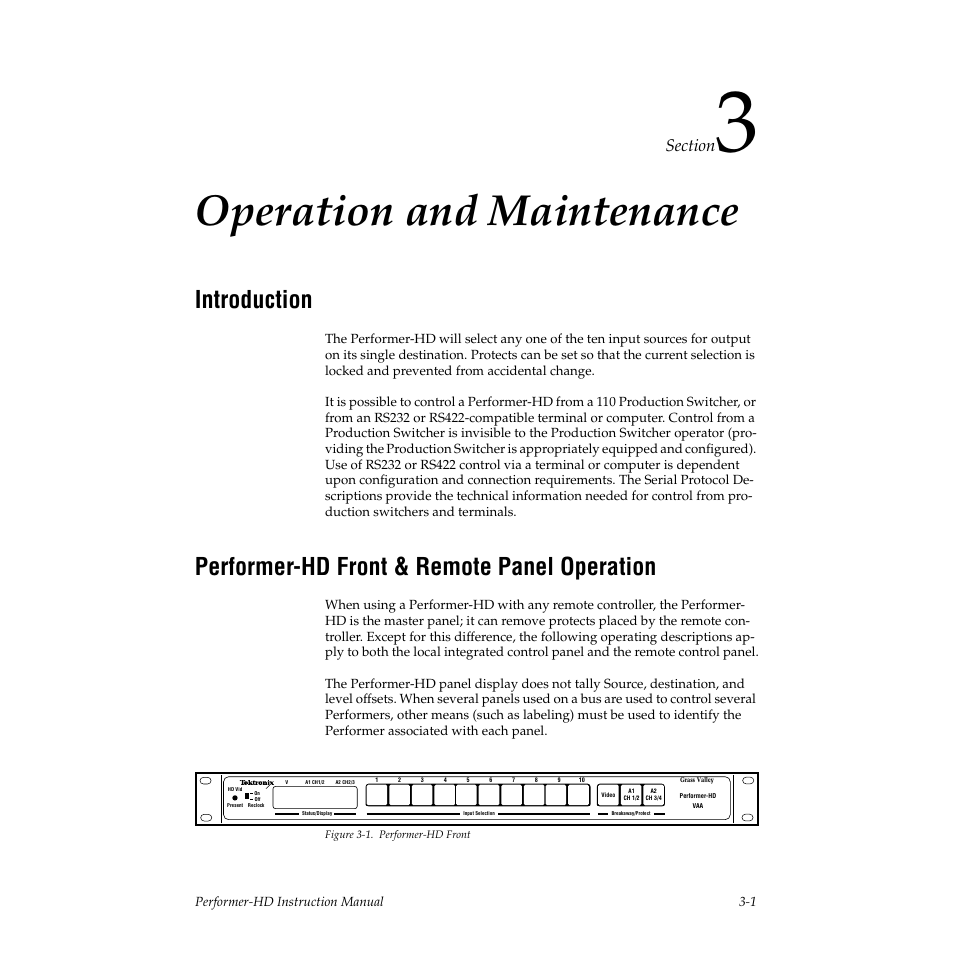 Operation and maintenance, Introduction, Performer-hd front & remote panel operation | Figure 31. performer-hd front, Section 3 — operation and maintenance | Grass Valley Performer-HD User Manual | Page 33 / 60