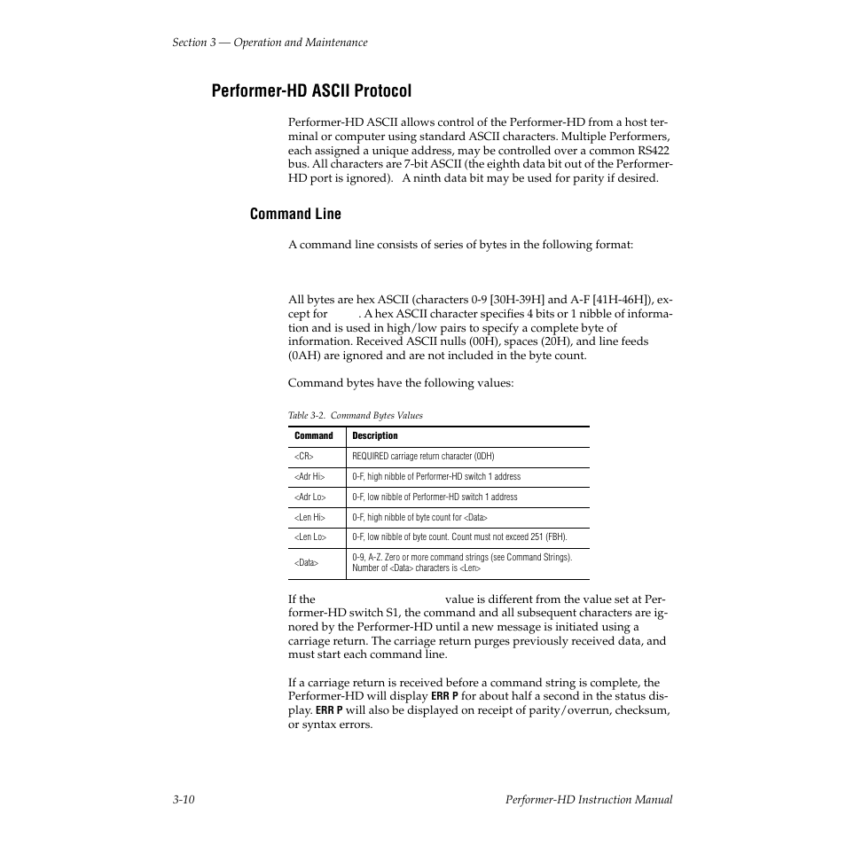 Performer-hd ascii protocol, Command line, Table 32. command bytes values | Grass Valley Performer-HD User Manual | Page 42 / 60