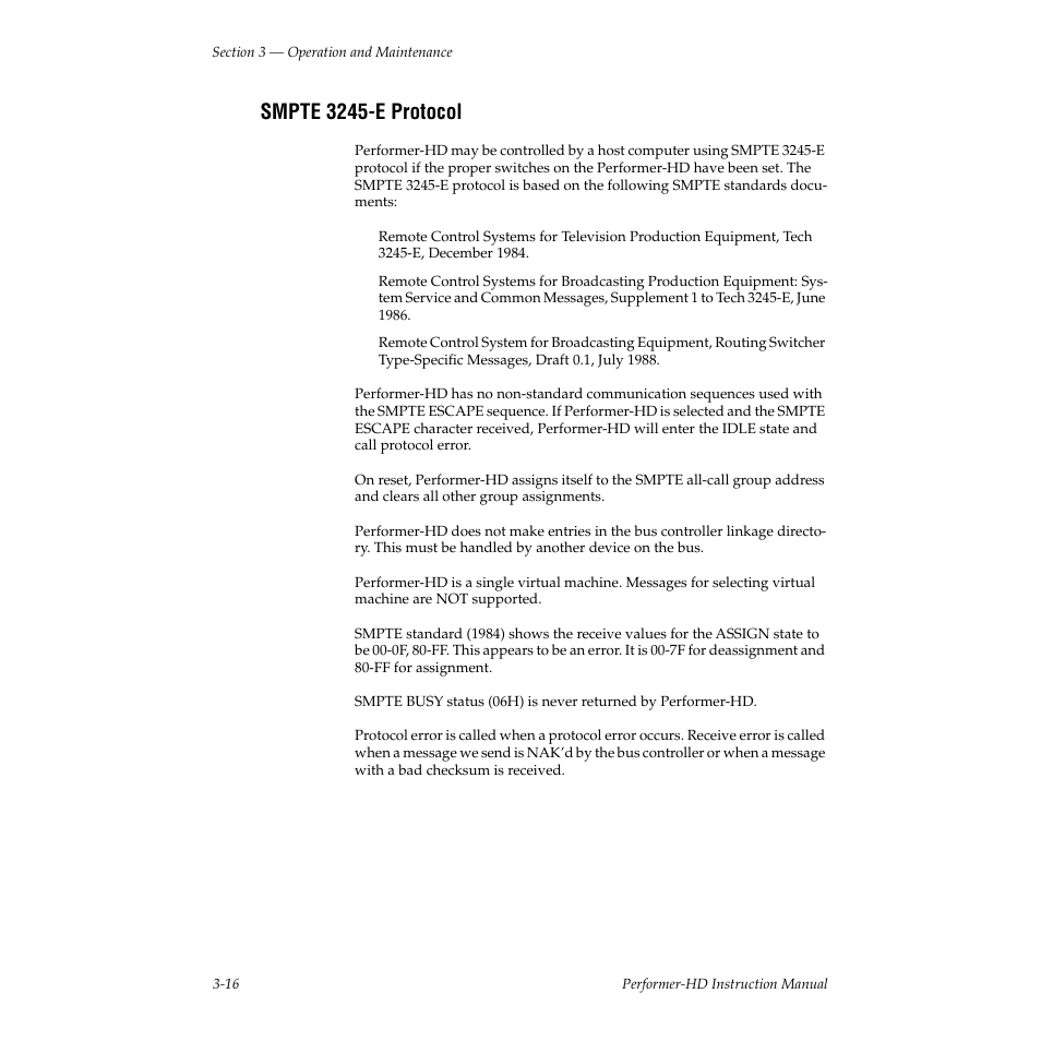 Smpte 3245-e protocol | Grass Valley Performer-HD User Manual | Page 48 / 60