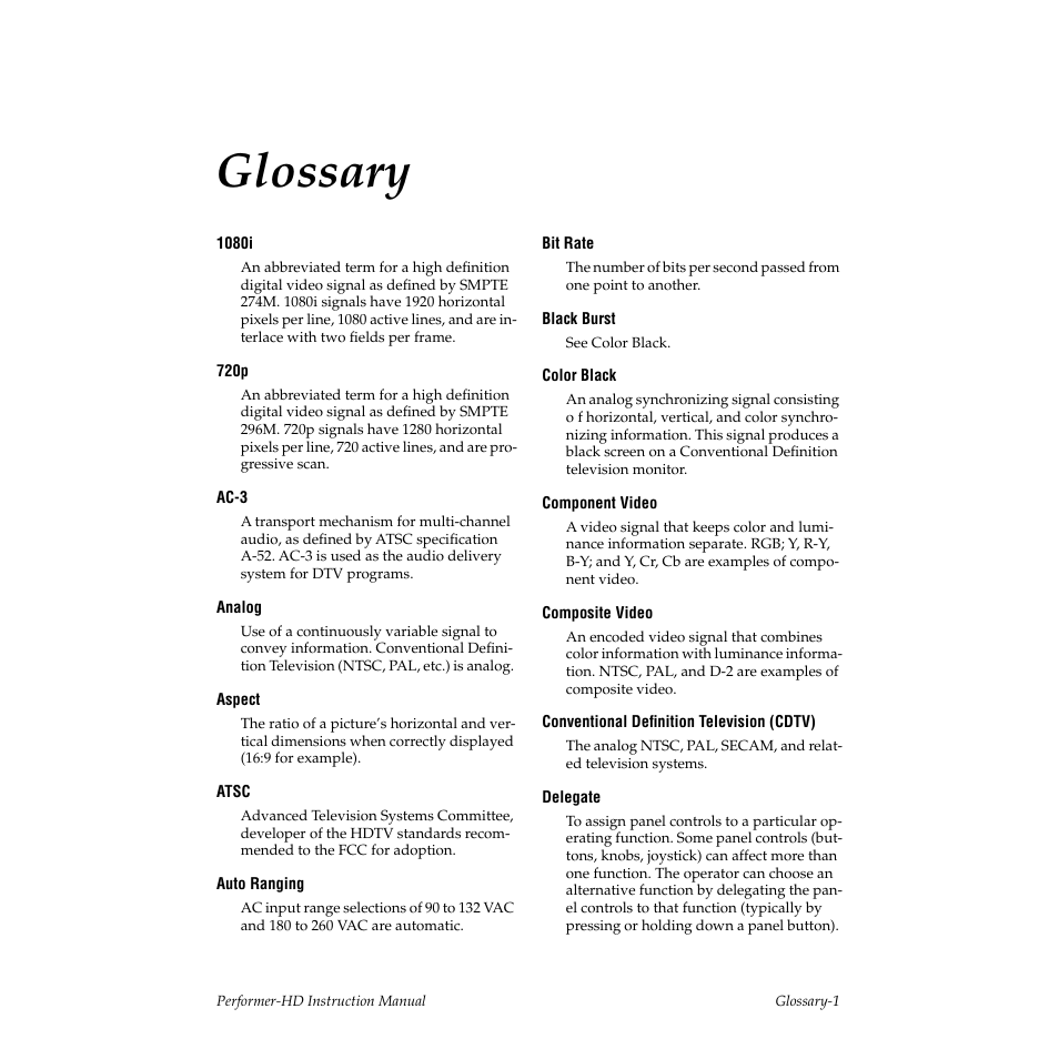Glossary | Grass Valley Performer-HD User Manual | Page 55 / 60